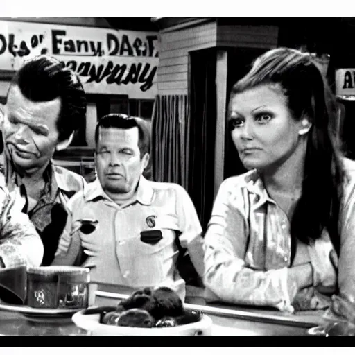 Image similar to screenshot of the sad family in Al's diner from 70s comedy TV show unhappy days