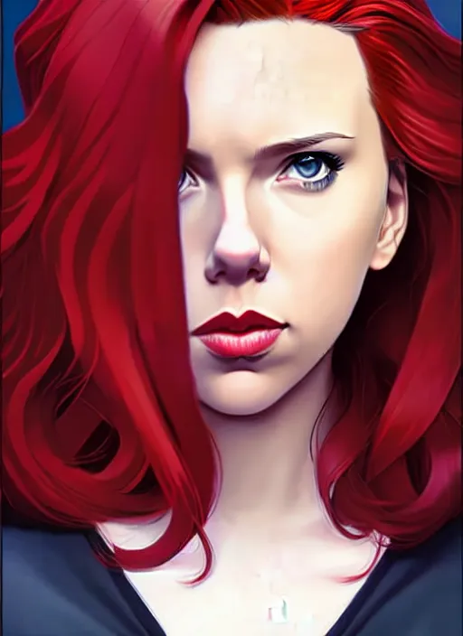 Image similar to phil noto, artgerm, pretty scarlett johansson black widow, symmetrical eyes, long red hair, full body, city rooftop