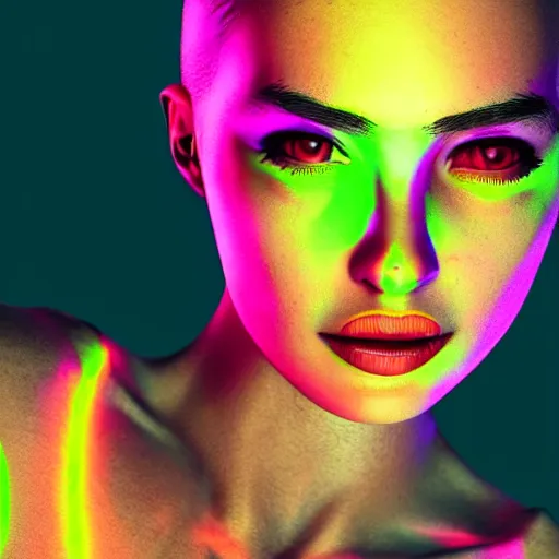 Prompt: a girl glowing with neon colors,high detail of the face, detailed, octane render, dark and moody, please