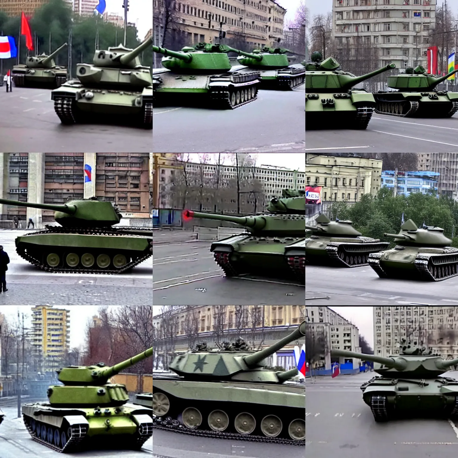 Prompt: a cctv footage of russian tanks ( white letter z painted on their sides ) in the center of kyiv