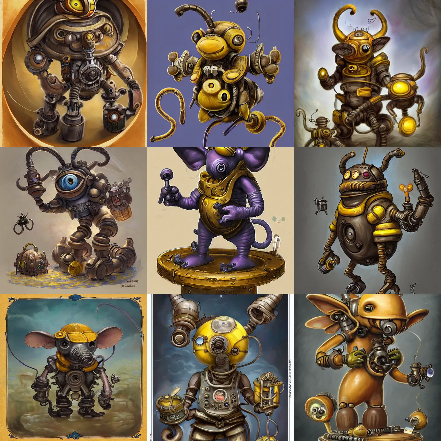 Prompt: bumble-dumbo bee-rat, cute mechanical homunculus. Kaladesh concept art. Sam Burley, Steven Belledin, Chris Rahn, Cynthia Sheppard, Daarken, Tyler Jacobson, and Kieran Yanner.