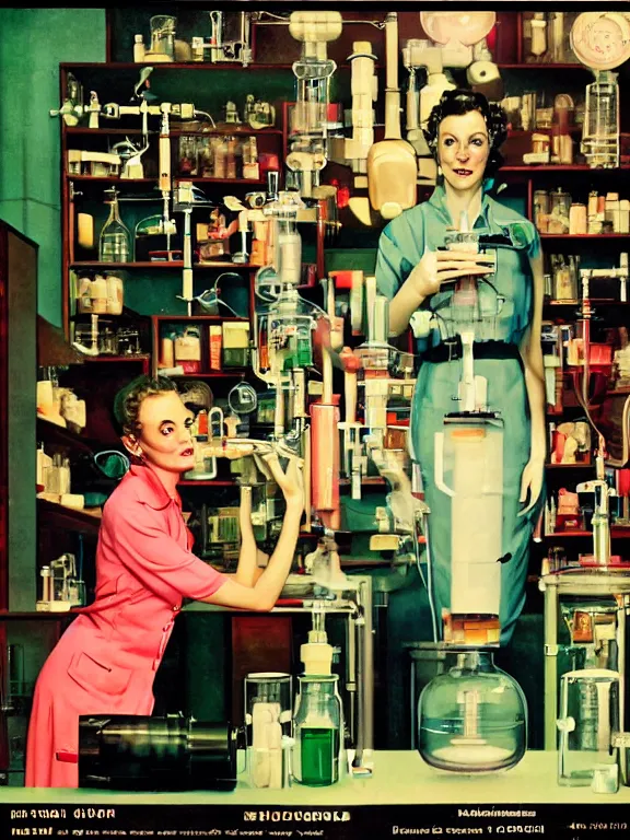 Image similar to a female mad scientist in a lab coat, and a partially - built retro robotic!!! man!!! in a suit, both in a darkly lit laboratory room surrounded by test tubes and jars, 1 9 5 0 s horror film movie poster style, ( norman rockwell oil painting ), retro vintage, saturated pink and green lighting, shadowy lighting