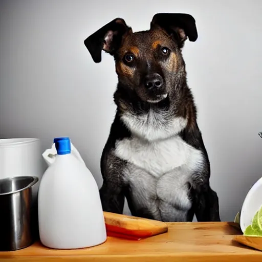 Image similar to a very sharp photo of a dog looking bored while doing the dishes