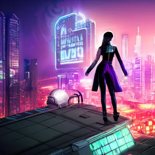 Prompt: digital photography of cyberpunk girl standing on a rooftop, short purple hair with undercut, realistic body shape, wearing long leather trenchcoat and black cargo pants. night time, neon cityscape background, flying blimp with searchlights shining in the distance. 8 k high resolution