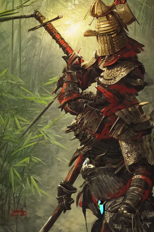 Image similar to an epic samurai in full armor in a mysterious japanese bamboo forest with light shafts, by jesper ejsing and maciej kuciara