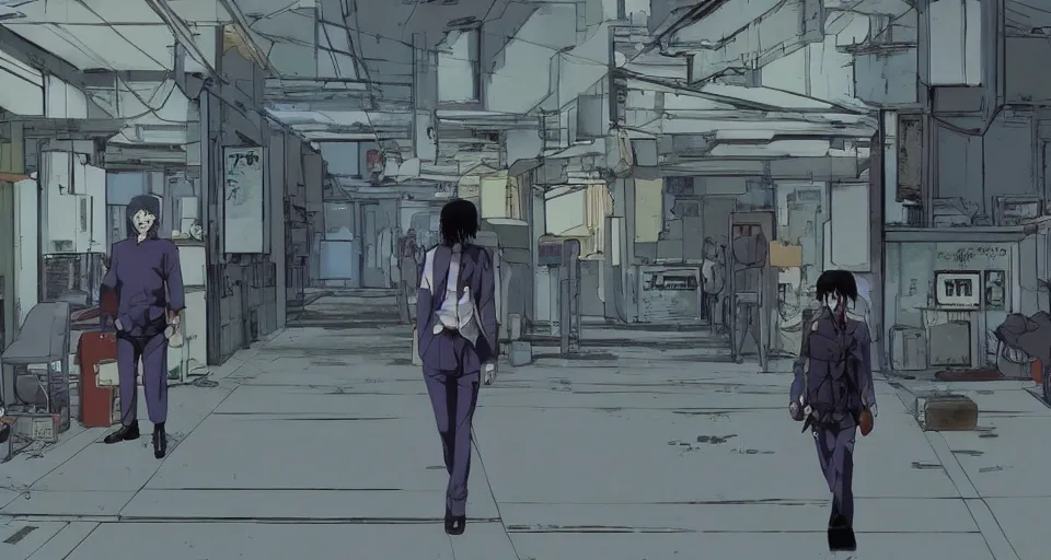 Prompt: Scene within the location called 'Public security section 9'. interior environment bg. Screenshot from an episode of the anime 'Ghost in the shell: Stand Alone Complex' (2003). Produced by 'Production I.G'. Original manga by Masamune Shirow. Art direction by Kazuki Higashiji and Yuusuke Takeda.