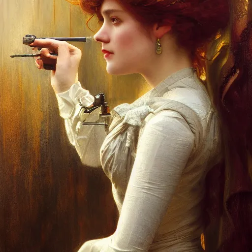 Image similar to highly detailed oil painting | very intricate | cinematic lighting | award - winning | film director | camera film equipments shooting actress on movie studio | by charlie bowater, by greg rutkowski, by j. c. leyendecker and edmund blair leighton, beautiful cinematic light, american romanticism, by alphonse mucha, artstation, cgsociety, official art, octane