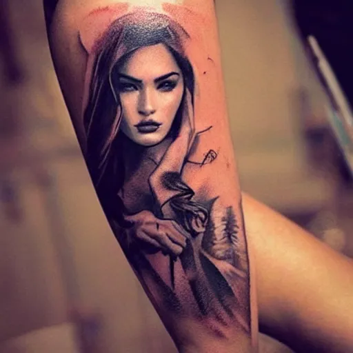 Image similar to tattoo design sketch with double exposure effect, megan fox face faded with beautiful mountain scenery, in the style of matteo pasqualin, amazing detail, pinterest tattoo