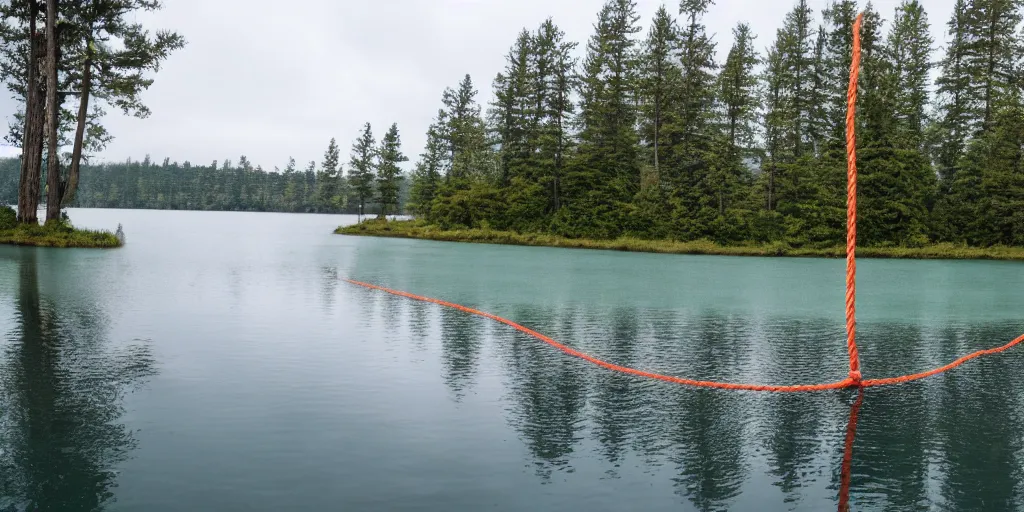 Image similar to symmetrical color photograph of a very long rope on the surface of the water, the rope is snaking from the foreground stretching out towards the center of the lake, a dark lake on a cloudy day, trees in the background, anamorphic lens