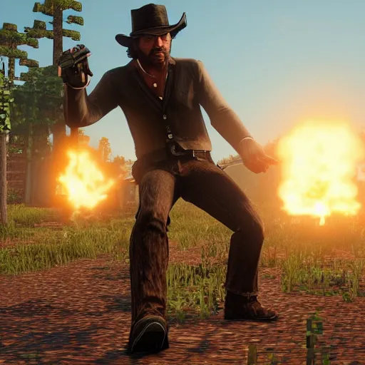 Image similar to steeve from minecraft killing arthur from red dead redemption 2 using nuke