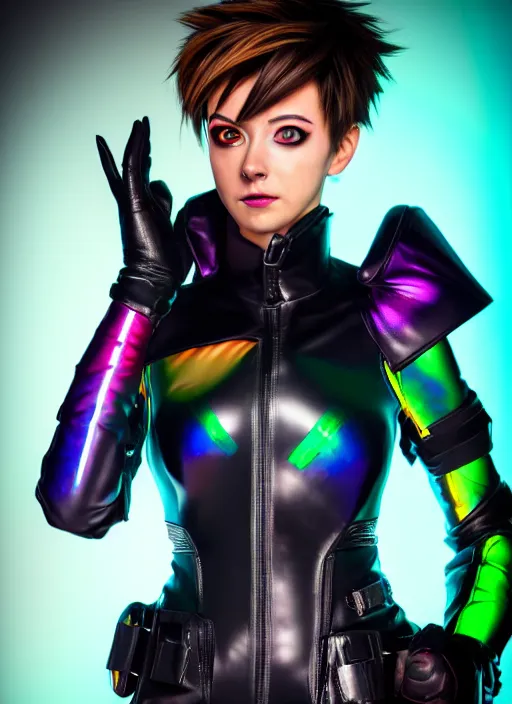 Prompt: hyperrealistic style portrait of tracer overwatch, confident pose, wearing black iridescent rainbow latex, rainbow, neon, 4 k, expressive happy smug expression, makeup, in style of mark arian, wearing detailed black leather collar, wearing sleek armor, black leather harness, expressive detailed face and eyes,