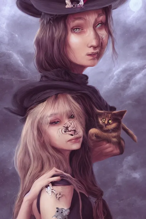 Prompt: A extremely beautiful portrait of a cute witch and her cat, surreal, ultradetailed, intricate, elegant, lithe, detailed, digital painting, artstation, concept art, smooth, sharp focus, illustration