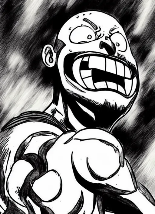 Image similar to dwayne johnson as origin character in one piece manga, sketch by eiichiro oda, amazing likeness. very detailed.