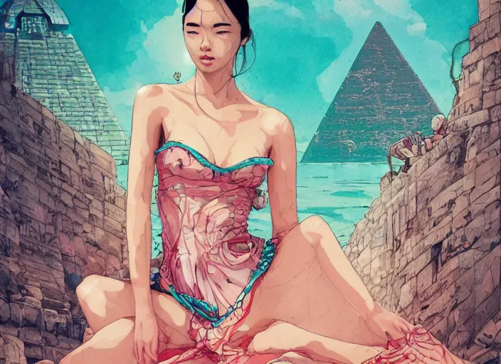 Prompt: lee jin - eun in luxurious dress emerging from turquoise water in egyptian pyramid city during an eclipse by james jean, conrad roset, m. k. kaluta, martine johanna, rule of thirds, elegant look, beautiful, chic, face anatomy, cute complexion