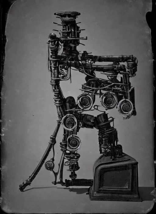 Image similar to 1 8 8 5 photo of a steampowered riveted glados from portal 2, daguerrotype, high quality