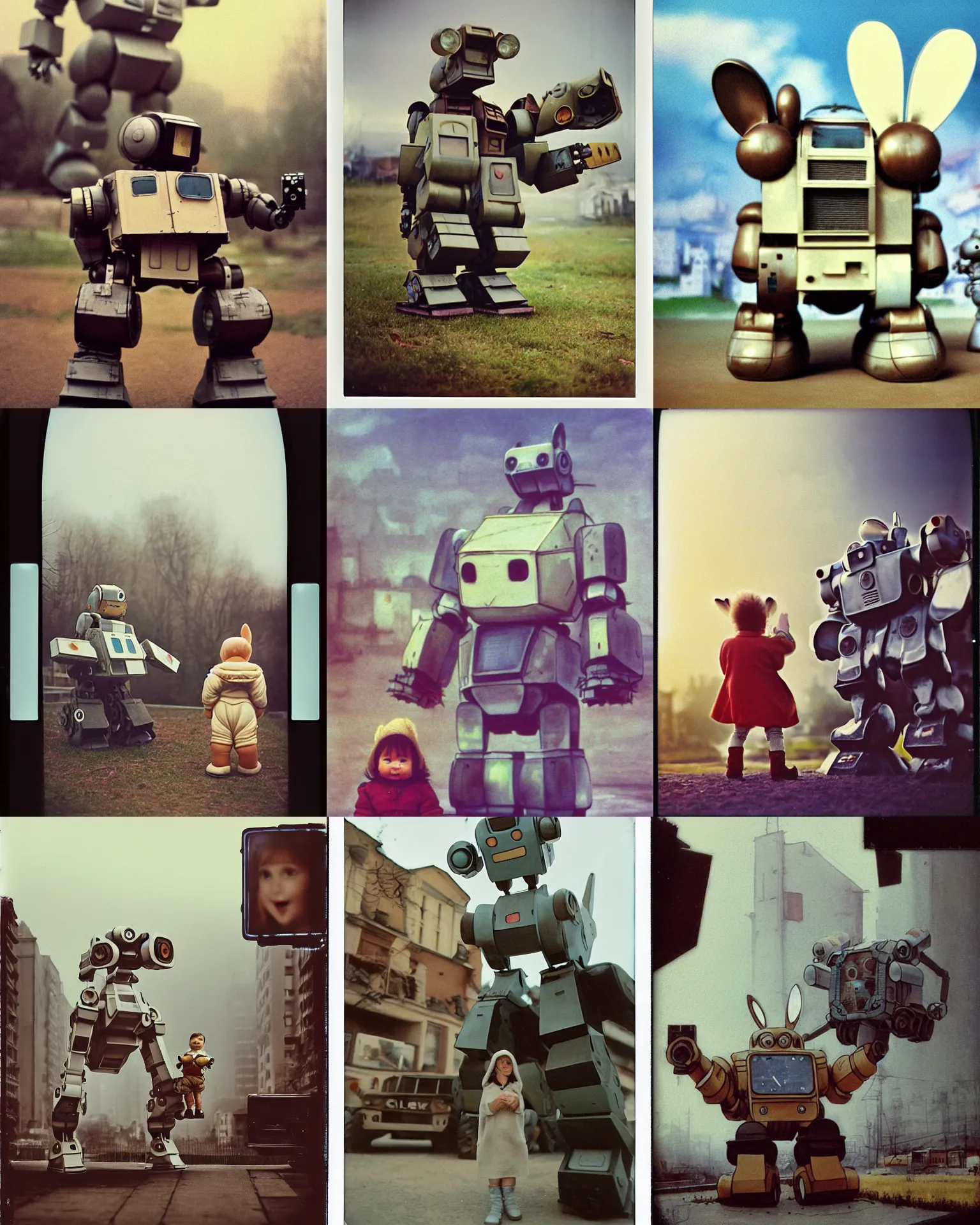 Prompt: giant oversized baby cute chubby battle robot mech with giant rabbit ears s as giant baby on village, Cinematic focus, russian block in background , Polaroid photo, vintage, neutral colors, soft lights, foggy ,by Steve Hanks, by Serov Valentin, by lisa yuskavage, by Andrei Tarkovsky