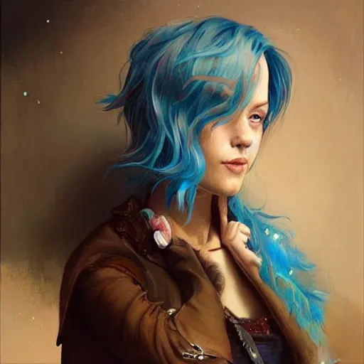 Prompt: a beautiful painting of a smiling woman with stylish short blue hair and sparkling blue eyes in a rustic saloon representative of the art style of artgerm and wlop and peter mohrbacher