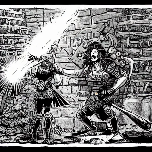 Prompt: precisely drawn illustration of a warrior with a torch exploring an old dark barn, wide angle, sharp, fine details, French comic style, vibrant realistic colors, full color, heroic fantasy, intense line art, 8k, precise linework, realistic, in the style of Heavy Metal Comics and Richard Corben and Moebius