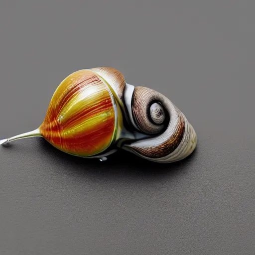 Image similar to snail with shell made out of chrome. product photography. octane render, cinematic, hyper realism, octane render, 8k, depth of field