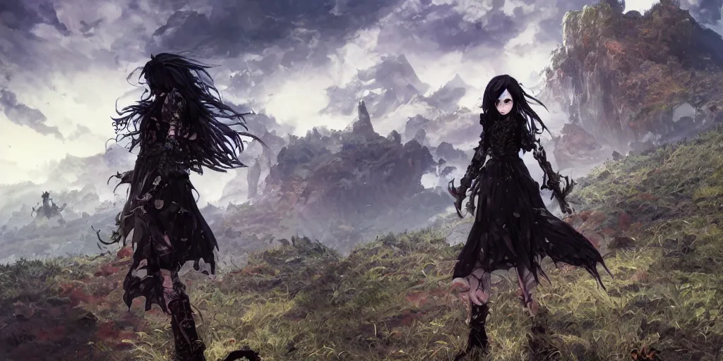 Image similar to goth woman in front of mountain landscape, color page, tankoban, 4 k, tone mapping, akihiko yoshida, james jean andrei riabovitchev marc simonetti, yoshitaka amano, long hair, curly, h. hydrochaeri