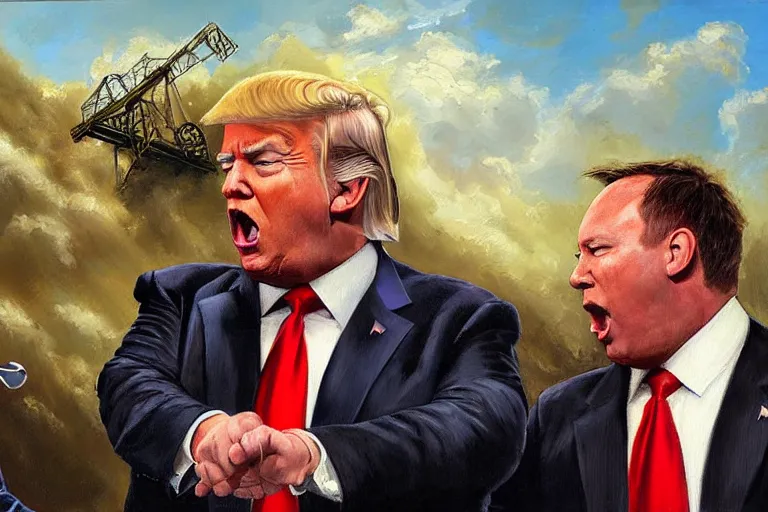 Image similar to portrait of donald trump and alex jones arguing, an oil painting by ross tran and thomas kincade