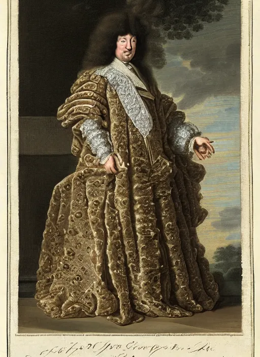 Prompt: portrait of Louis xiv of France in his coronation garb by hyacinthe rigaurd 1701