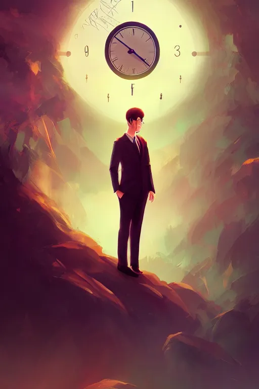 Image similar to clock - faced giant wearing a business suit, dreamy landscape, clock instead of face, dark, beautiful composition, colorful, by ross tran and wlop, masterpiece, artstation