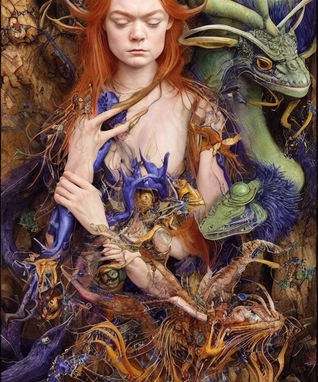 Prompt: a portrait photograph of a meditating fierce sadie sink as a colorful harpy antilope super villian with slimy amphibian scaled blue skin. her body is partially transformed into a beast. by donato giancola, hans holbein, walton ford, gaston bussiere, peter mohrbacher and brian froud. 8 k, cgsociety, fashion editorial