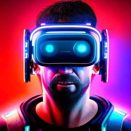 Image similar to Colour Cyberpunk 2077 style Photography of 1000 years old man with highly detailed 1000 years old face wearing higly detailed cyberpunk VR Headset designed by Josan Gonzalez Many details. . In style of Josan Gonzalez and Mike Winkelmann andgreg rutkowski and alphonse muchaand Caspar David Friedrich and Stephen Hickman and James Gurney and Hiromasa Ogura. Rendered in Blender