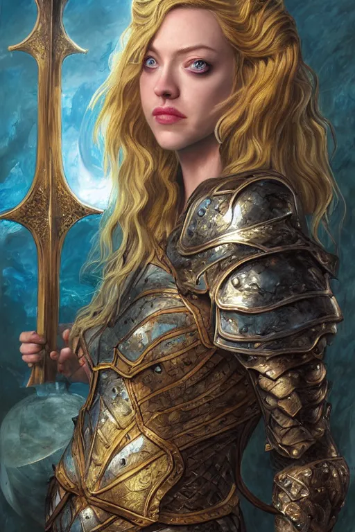 Image similar to A fantasy comic book style, composite portrait painting of Amanda Seyfried, Cory Chase as an Atlantean, Reptilian Warrior, Mystical Valkyrie, Armor, Sword, Spear, Sheild, François Boucher, Oil Painting, unreal 5, DAZ, hyper realistic, Photorealistic, octane render, Regal, Refined, Coherent, Detailed Digital Art, RPG portrait, William-Adolphe Bouguereau, Michael Cheval, Walt Disney (1937), Steampunk, Golden dappled dynamic lighting, Highly Detailed, Theophanic atmosphere, Cinematic Lighting, Unreal Engine, 8k, HD