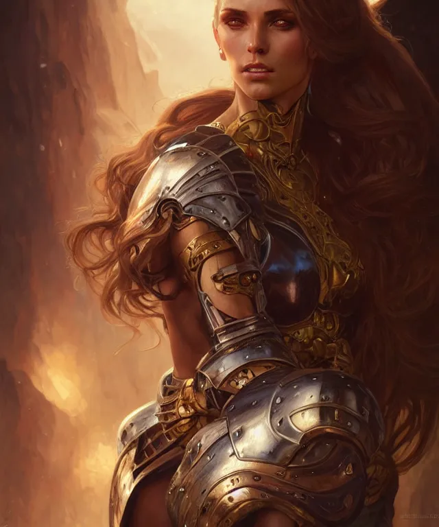 Image similar to Muscular and powerful medieval knight woman portrait, sci-fi, amber eyes, face, long hair, fantasy, intricate, elegant, highly detailed, digital painting, artstation, concept art, smooth, sharp focus, illustration, art by artgerm and greg rutkowski and alphonse mucha