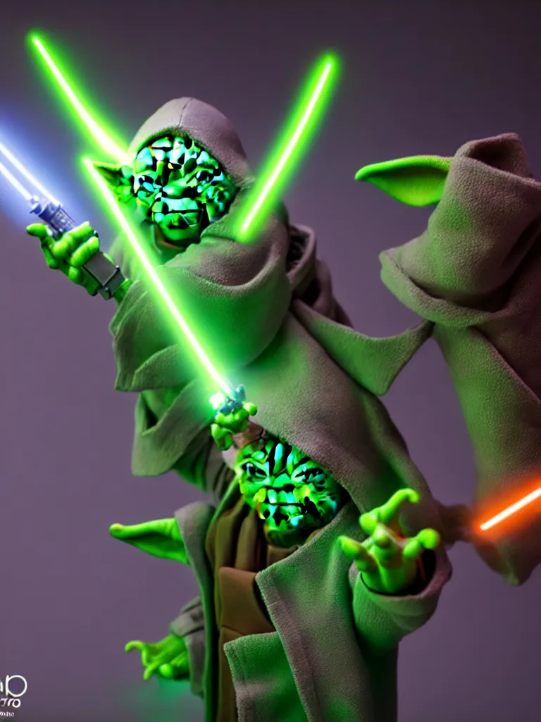 Prompt: hyperrealistic rendering, yoda in overwatch, action figure, sofubi, studio lighting, colored gels, colored background, xf iq 4, 1 5 0 mp, 5 0 mm, f 1. 4, iso 2 0 0, 1 / 1 6