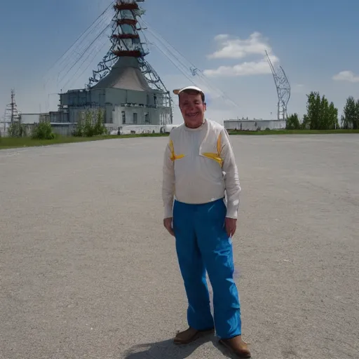 Prompt: a cheery man, on holiday at chernobyl nuclear plant, glowing background