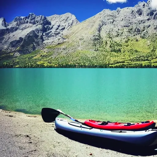 Image similar to a beautiful image of a breathtaking lake with amazing mountains in the background, there is a kayak in the foreground on the beach. landscape image