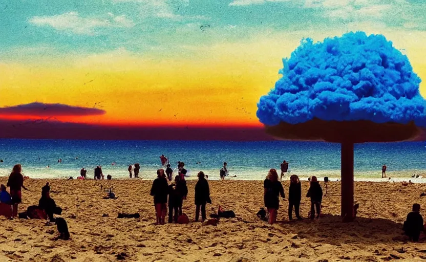 Prompt: sunny day at the beach blue sky nuclear mushroom cloud on the horizon and few people watching it war apocalyptic photorealistic