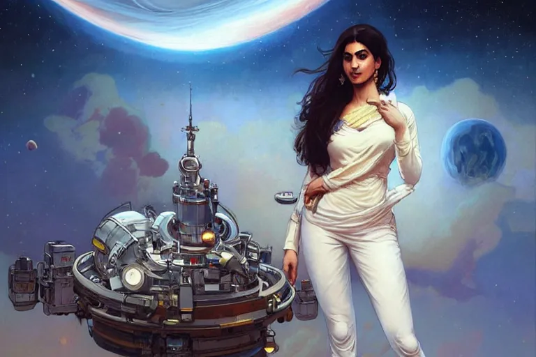 Image similar to Sensuous good looking pale young Indian doctors wearing jeans in a space station above Earth, portrait, elegant, intricate, digital painting, artstation, concept art, smooth, sharp focus, illustration, art by artgerm and greg rutkowski and alphonse mucha