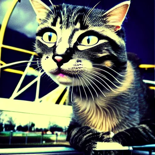 Prompt: !!! cat!!!, ferris wheel, feline, sitting, riding, funny, award winning photo, realistic,