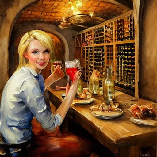 Image similar to hot blonde in a wine cellar, food, pork, beer, schnapps, rustic, traditional, torches on the wall, watercolor by vladimir volegov, highly detailed, masterpiece