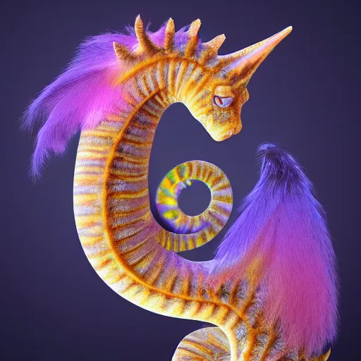 Prompt: fantasy creature hybrid cat seahorse with long detailed fur iridescent 3 d render 4 k