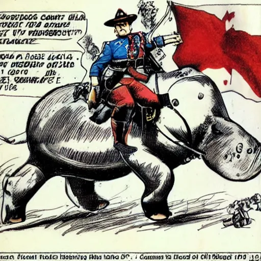Prompt: comic book drawing of a canadian mountie riding a giant fat hippo by simon bisley and jack kirby