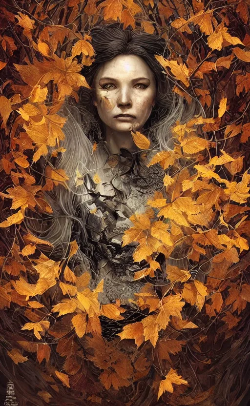 Image similar to golden leaves at frame border, creative!!! composition for a book cover!!!, absurdly beautiful, ultrafine hyperrealistic detailed old witch face by wlop and artgerm and greg rutkowski, intricate linework, sharp focus, smooth, octopath traveler, final fantasy, unreal engine, dramatic lighting, ethereal, 8 k