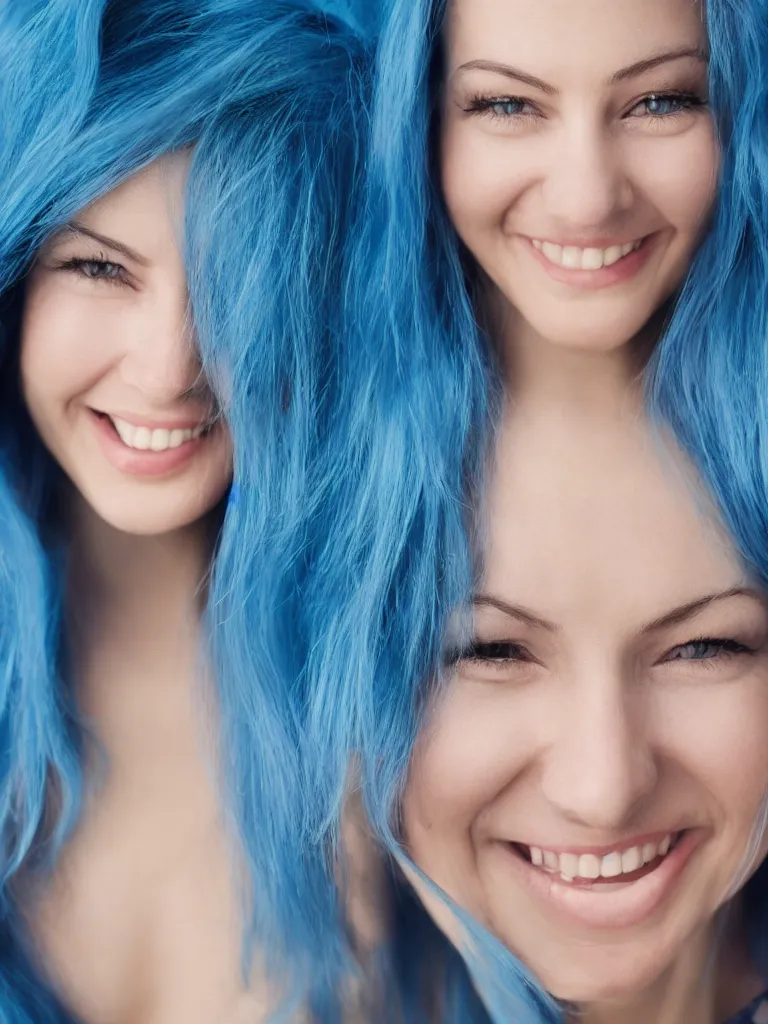 Prompt: Portrait of a woman with blue hair and smiling, ultra-realistic,