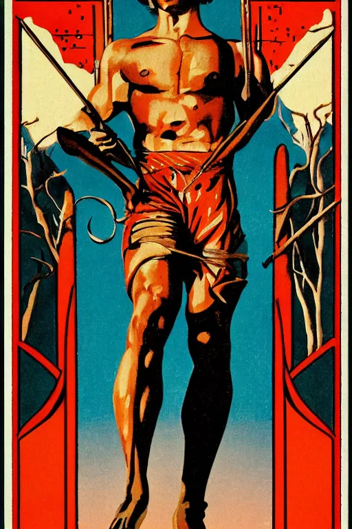 Prompt: a beautiful symmetrical art deco tarot painting of a gorgeous muscular man holding a walking stick standing atop a mountain at sunrise, vintage tourism poster, trending on artstation