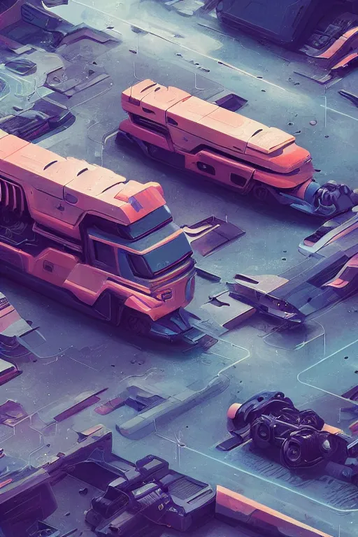 Prompt: 2371386504, futuristic trucks in forground, retro, soft colours, on a far planet, futuristic space port, artstation, concept art, smooth, sharp focus, illustration,