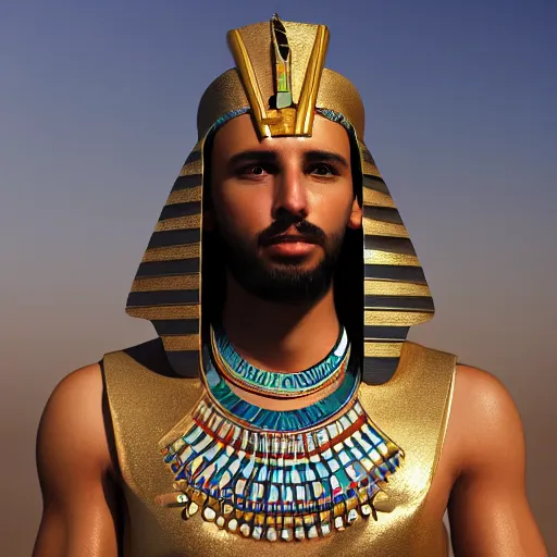 Image similar to a man in egyptian clothing wearing rings and jewlery on his neck, 8k resolution, serene, photorealistic, digital art, hyperdetailed, Unreal Engine, dynamic lighting, ultra detailed, trending on art station, concept art, stunning visuals, extreme detail