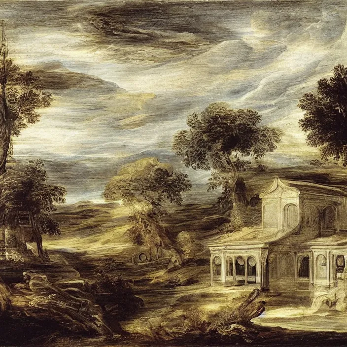 Image similar to a building in a serene landscape, by rubens