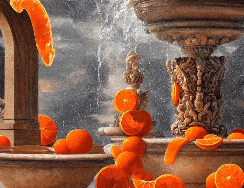 Prompt: carved marble fountain with orange soda instead of water. oil painting, indie concept art, bloom, chiaroscuro, backlighting, intricate details, depth of field.