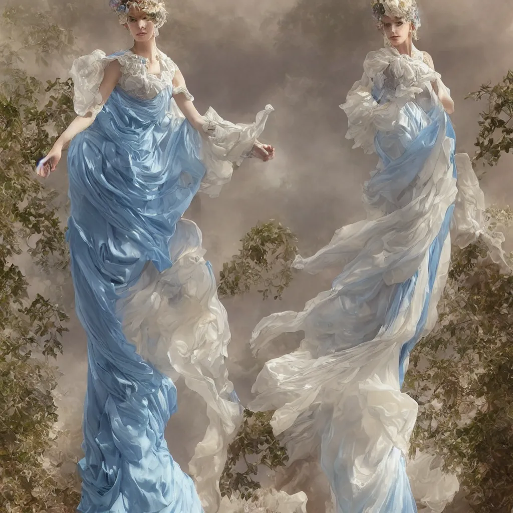 Prompt: one lady dressed in a vaporous wrapped large majestic victorian cream roses silk semi-transparent blue and cream dress fashion is running D&D, fantasy, intricate, elegant, highly detailed, digital painting, artstation, concept art, matte, sharp focus, illustration, art by Artgerm and Greg Rutkowski and Alphonse Mucha