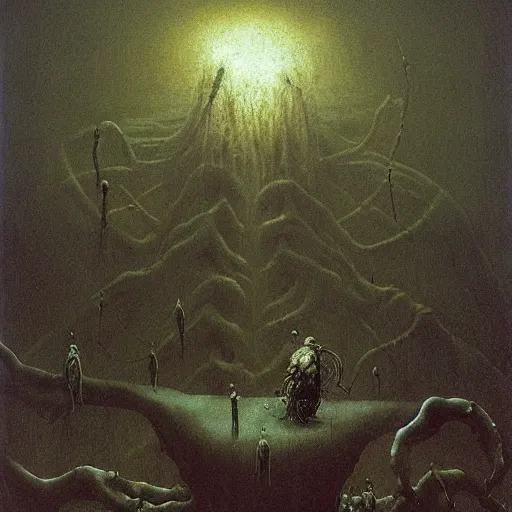 Image similar to paralyzed sleep beksinski, eldritch, apocalypse, creepy creature, horror spooky