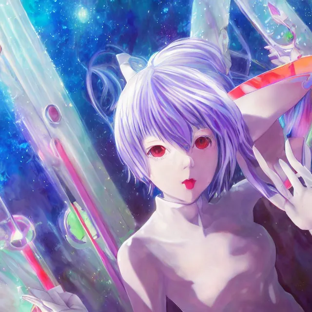 Image similar to rei ayanami, deep space, seascape, grimes, silver hair, shikinami asuka langley, card captor sakura, bunny ears, cosmos, psychedelic flowers, black opal, rainbow aura quartz, organic, oni compound artwork, of character, render, artstation, portrait, wizard, beeple, art, fantasy, epcot, psychedelic glitchcore